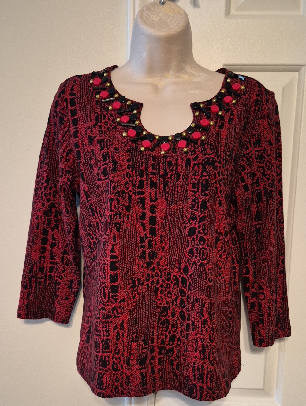 Ruby Rd. Red and Black Printed  Scoop Neck Top with Beaded Trim